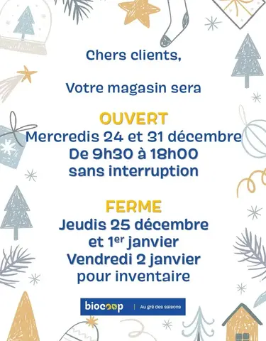 Horaires exceptionnels pour les Fêtes de fin d'année
